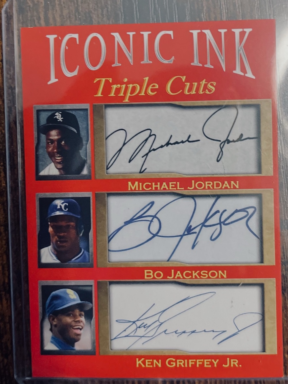 ICONIC INK (triple cuts)  Michael Jordan, Bo Jackson, Ken Griffey Jr 3 on 1 card